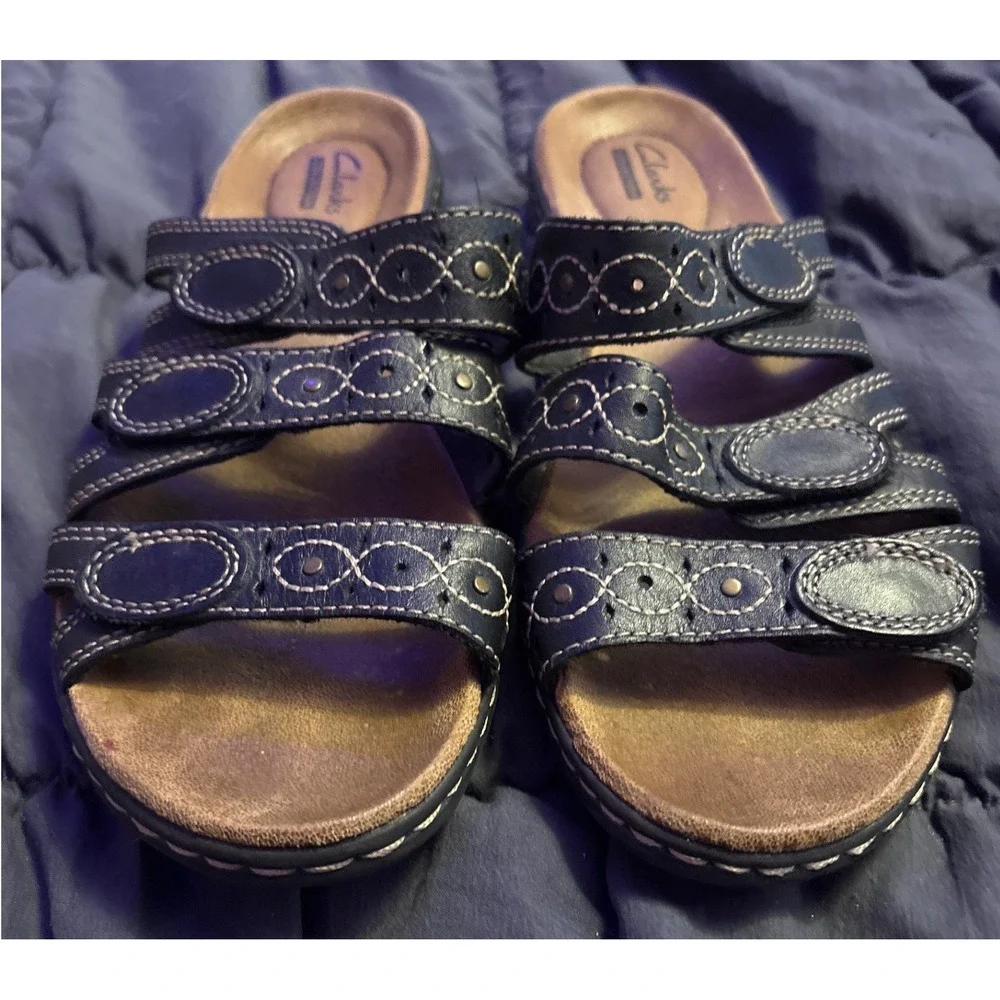 Clarks Collection Black Leather Multi Strap Slide Sandals Size 8 M